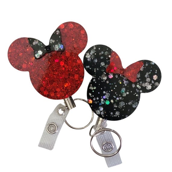 Black Gold & Red Glitter Bow Mouse Heavy Duty ID Badge Reel Holder