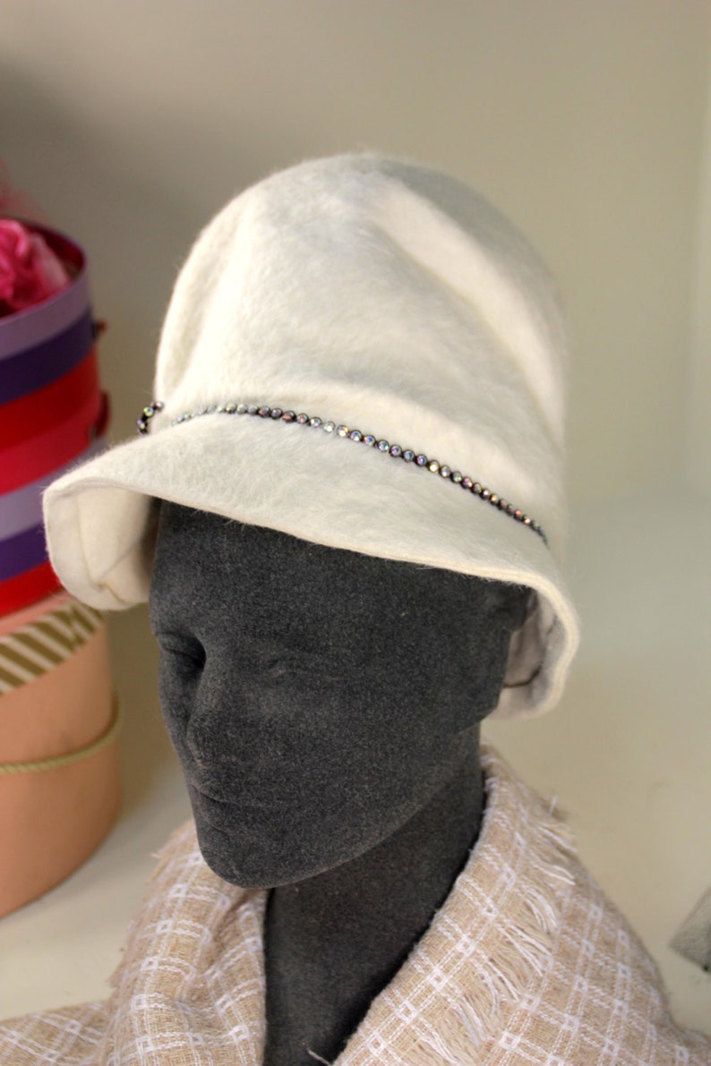 Vintage Cream Wool Angora Designer Cloche Hat With Rhinestones Etsy