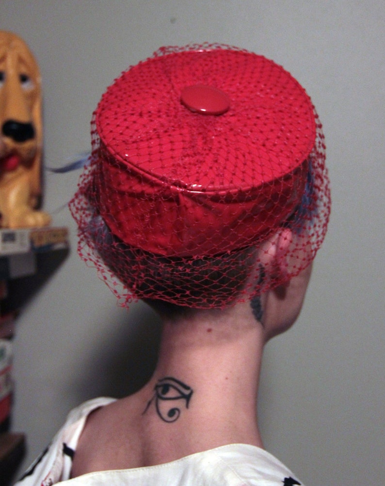 Super Red Patent Leather Pill Box Hat with Netting 80s Etsy