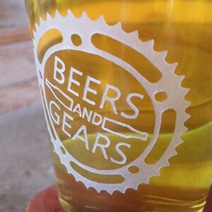 Beers and Gears Beer Glass, Etched Pint Glass, Guy Gift, Christmas Gift, Cyclist Gifts, Gift for Cyclist, Bicycle Gift, Gearhead Man Gift