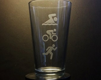 Triathlon Pint Glass, Etched Pint Glass, Runner Gift, Christmas Gift, Running Gift, Gift for Triathlete,  Cyclist Gift, Run Swim Bike