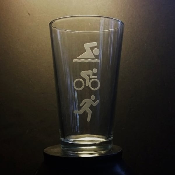Triathlon Pint Glass, Etched Pint Glass, Runner Gift, Christmas Gift, Running Gift, Gift for Triathlete,  Cyclist Gift, Run Swim Bike