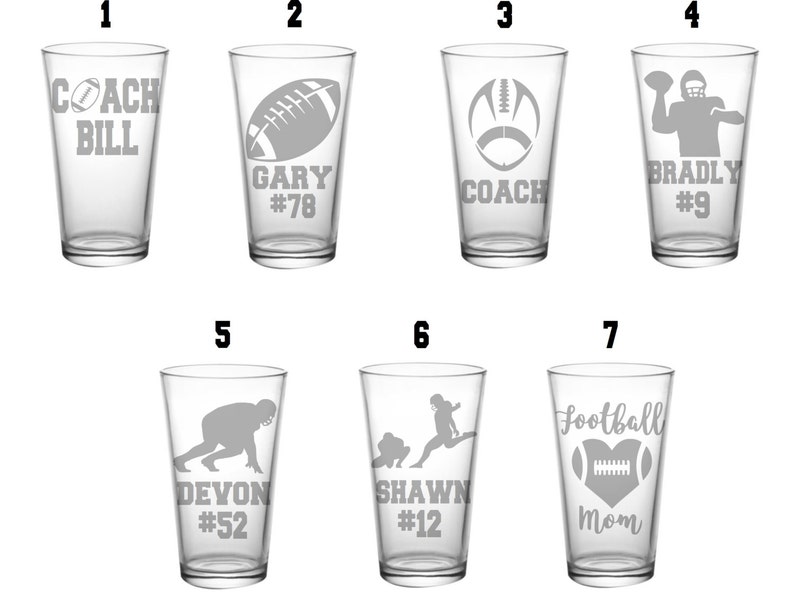 May include: Set of ten clear glass pint glasses with various football-themed designs, including names, numbers, and footballs.