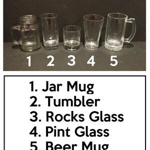 May include: Five different types of drinking glasses, labeled 1 through 5.  1. Jar Mug, 2. Tumbler, 3. Rocks Glass, 4. Pint Glass, 5. Beer Mug.
