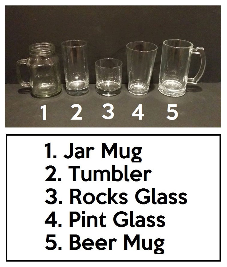 May include: Five different types of drinking glasses, labeled 1 through 5.  1. Jar Mug, 2. Tumbler, 3. Rocks Glass, 4. Pint Glass, 5. Beer Mug.
