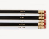 Places She'll Go Pencils. Set of 6. Black & White pencils with Gold Foil Text