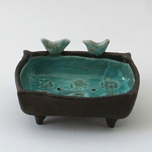 Blue Ceramic Birds Soap Dish, Akcesoria łazienkowe lub biżuteria Miska