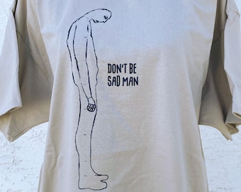 Sad Man T-Shirt - Screen Printed Graphic Tee, Beige Cotton