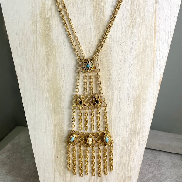 Vintage Florenza Festoon Fringe Cameo Necklace - 1970s