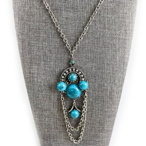 Vintage Silver Tone Faux Turquoise Pendant Necklace