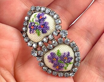 Vintage Floral Needlepoint Rhinestone Brooch Pin