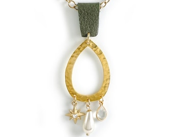 goudkleurige multi-hanger ketting - groen leer
