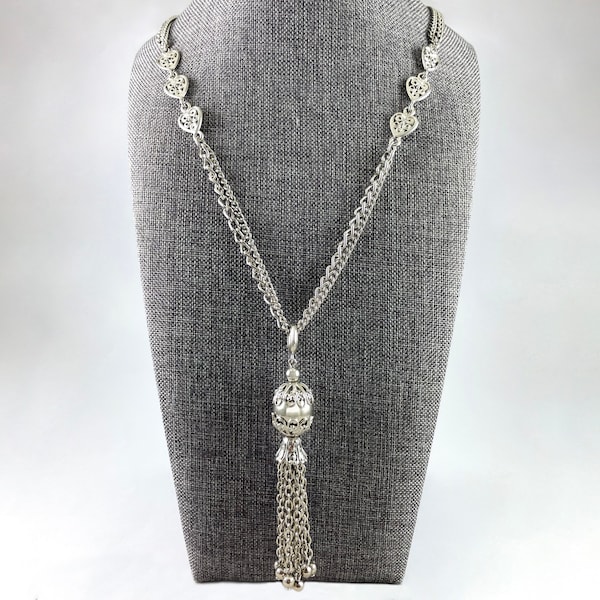 Vintage Park Lane Silver Tone Heart Tassel Necklace