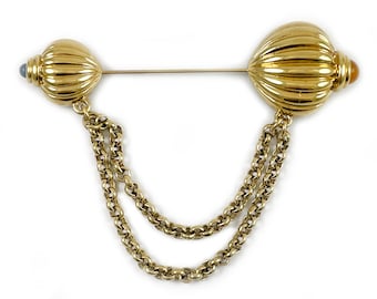 Vintage Gold Tone Glass Cabochon Dual Chain Stick Pin - Collar Pin