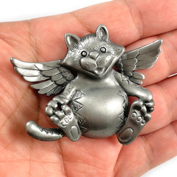 Vintage AJC Pewter Angel Cat Brooch - image 5