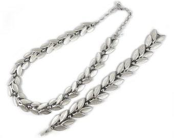 Vintage Trifari Silver Tone Leaf Choker Necklace & Bracelet - 1960s
