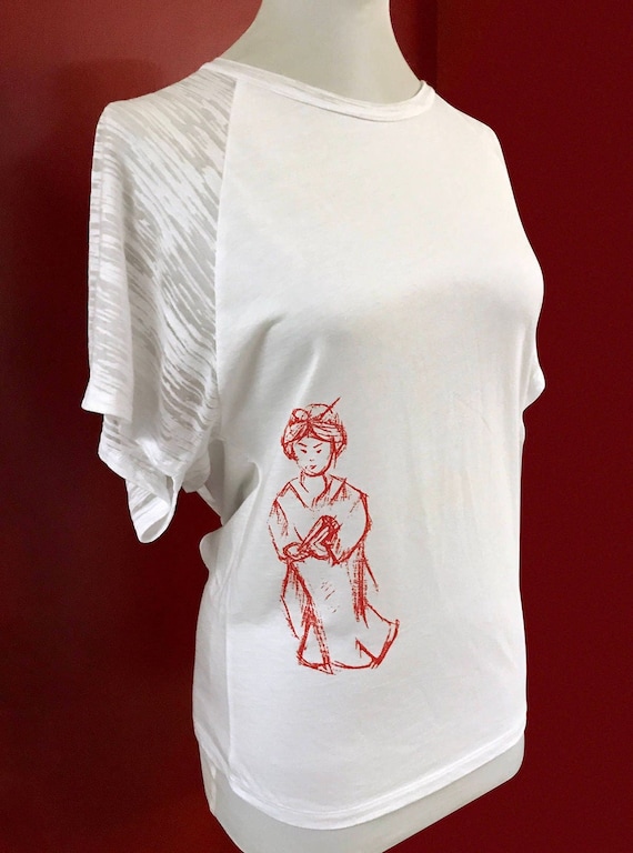 Red Geisha Dolman Burnout Shirt - Screen Printed - Custom Design