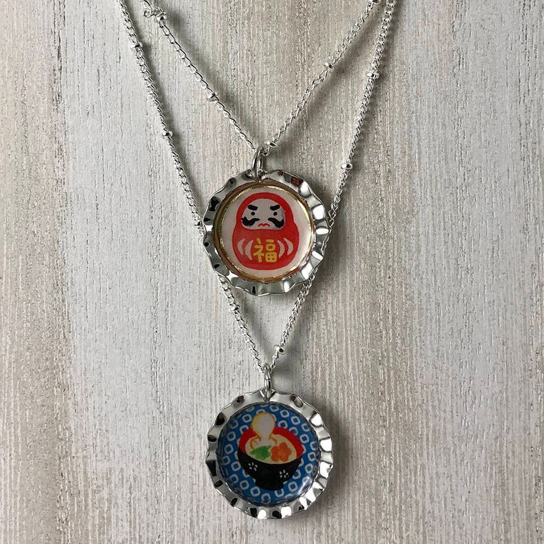 Good Luck DarumaDharma Doll Japanese PendantNecklace Japanese Food Coated with Dimensional Glue Bottle Cap