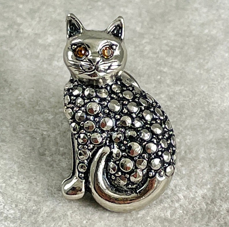 May include: A silver cat brooch with a textured, beaded surface and yellow eyes.
