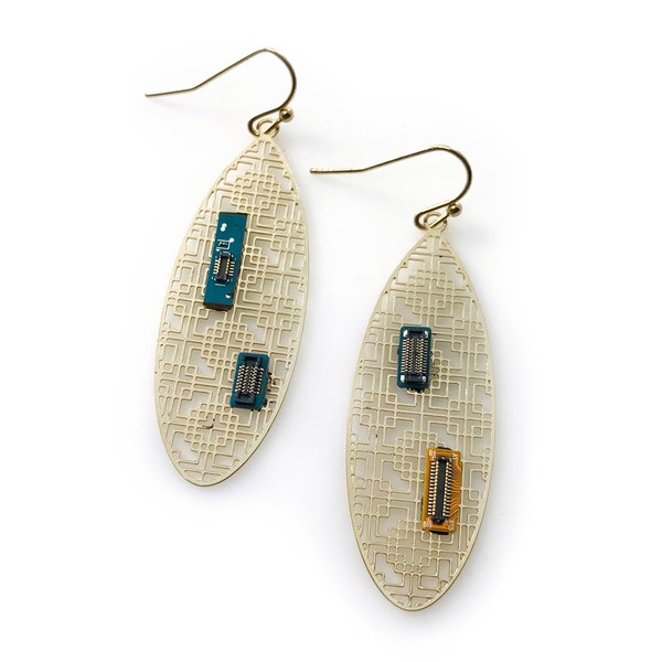 Oval Gold Tone Grid  with Computer Chip Earrings - Recycled, Upcycled, Repurposed, Geek, Nerd, Tech