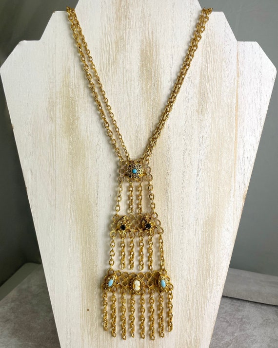 Vintage Florenza Festoon Fringe Cameo Necklace 1970s Gem
