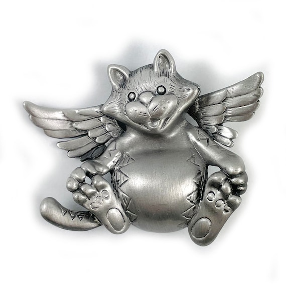 Vintage AJC Pewter Angel Cat Brooch - image 1