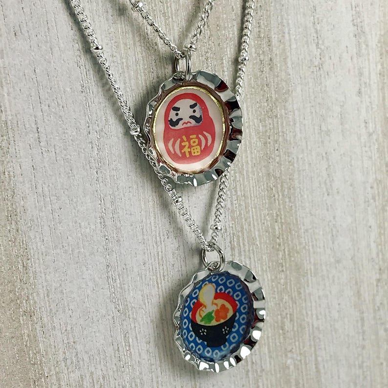 Good Luck DarumaDharma Doll Japanese PendantNecklace Japanese Food Coated with Dimensional Glue Bottle Cap