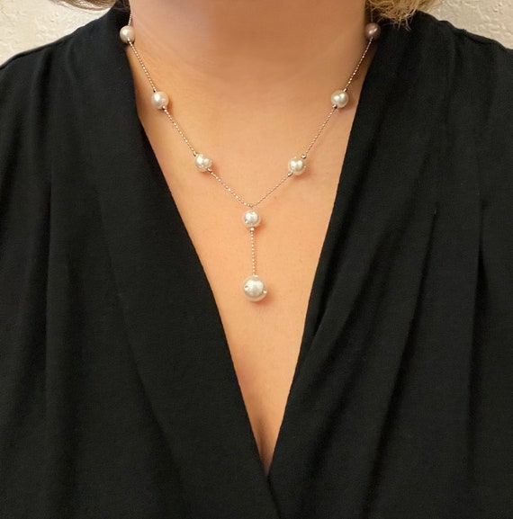 Vintage Faux Pearl Rhinestone Lariat Necklace - image 2