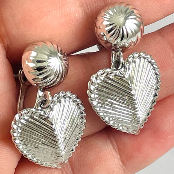 Vintage Coro Silver Tone Screw-Back Heart Earrings