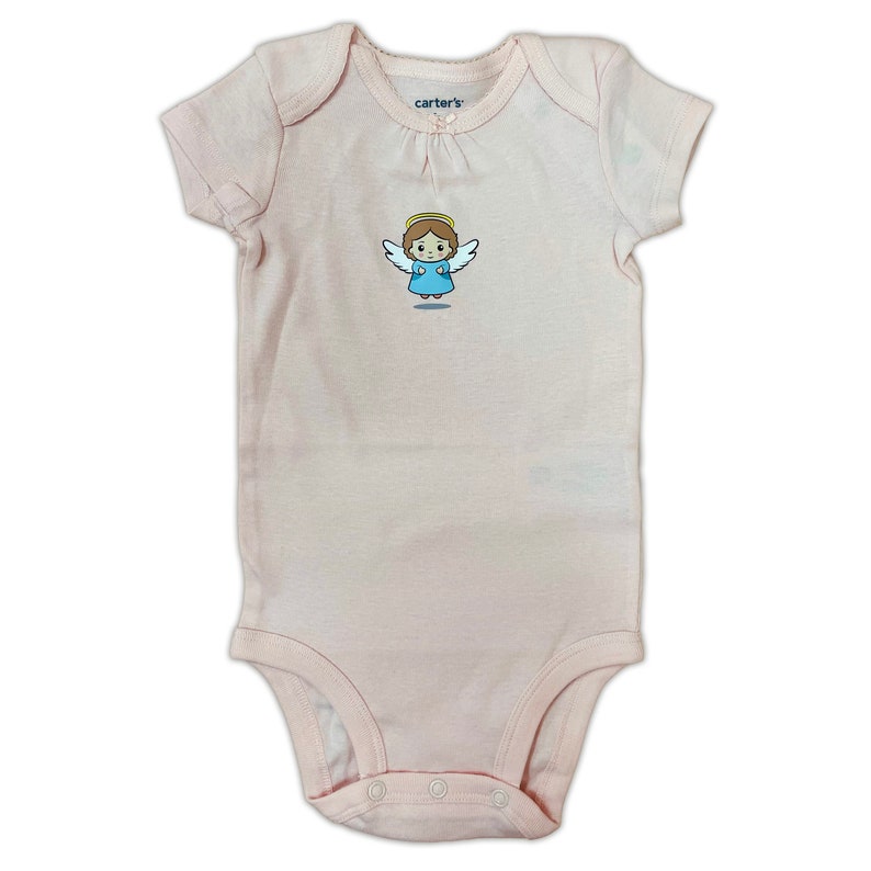 May include: A pink baby onesie with short sleeves and a snap closure. It features a small graphic of an angel with a halo and wings. The text "carter's" is printed on the onesie.