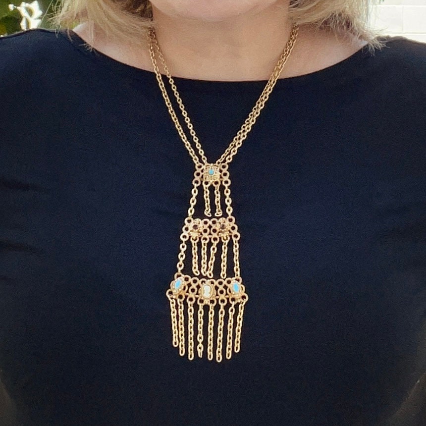 Vintage Florenza Festoon Fringe Cameo Necklace 1970s Etsy