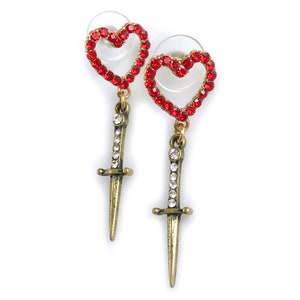 Rhinestone Drop Earrings - Red Heart Dagger - Bow Bird - Seed Pearl Bee