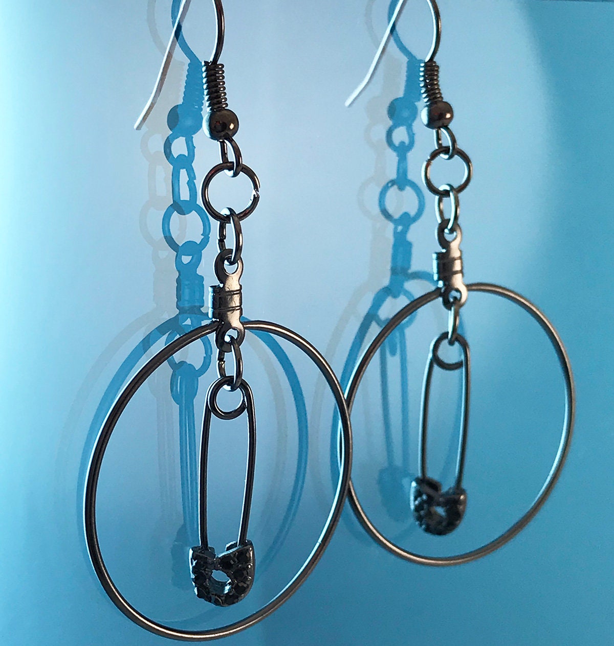 Gunmetal Hoop - Safety Pin Earrings - Owl Earrings - Black Rhinestones