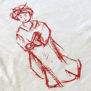 May include: A red line drawing of a person with a crown on their head, wearing a long robe and holding a small object in their hand.