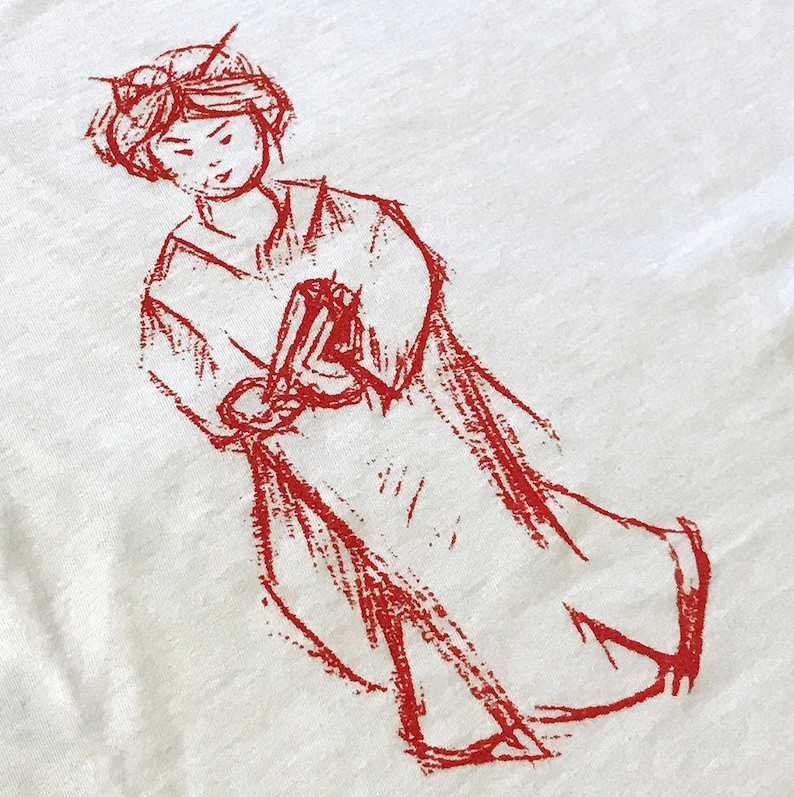 May include: A red line drawing of a person with a crown on their head, wearing a long robe and holding a small object in their hand.