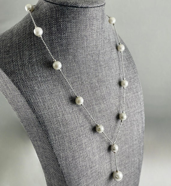 Vintage Faux Pearl Rhinestone Lariat Necklace - image 5
