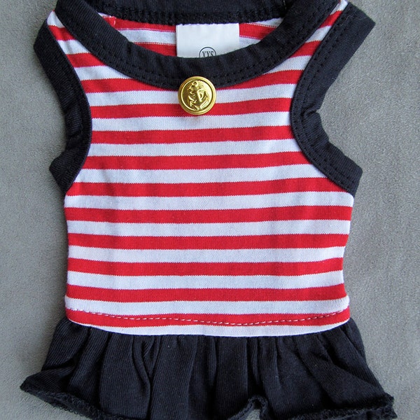 Red and White Striped Tank Pet Dress with Navy Blue Trim and Gold Button Accent/Sailor/Nautical