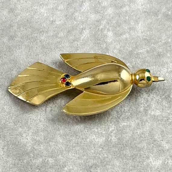 Vintage Coro Gold Tone Rhinestone Bird Brooch, 19… - image 2