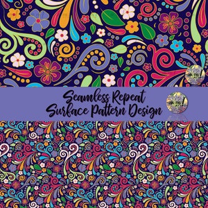 May include: A seamless repeat surface pattern design with a dark blue background and colorful floral and swirl patterns. The design is perfect for fabric, wallpaper, or other decorative applications.