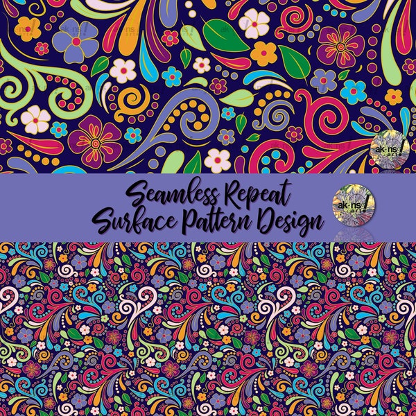 Flower Paisley Flourishes Seamless Repeat Surface Pattern Design, Fabric, Textile, Wallpaper, Background, Paper, Bright Colorful Graphic Art