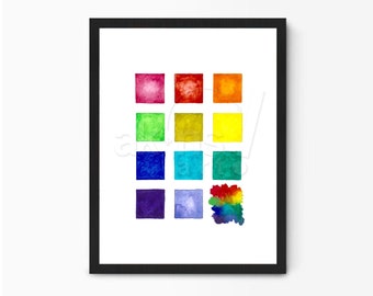 Könnte beinhalten: Ein gerahmter Druck eines Aquarellbildes mit einer Regenbogenfarbpalette. Das Bild besteht aus 12 Quadraten in einem Rastermuster, wobei jedes Quadrat mit einer anderen Farbe des Regenbogens gefüllt ist. Die Farben sind in der Reihenfolge von Rot bis Violett angeordnet. Die Quadrate sind von einem weißen Hintergrund umgeben. Der Druck ist in einem schwarzen Rahmen gerahmt.