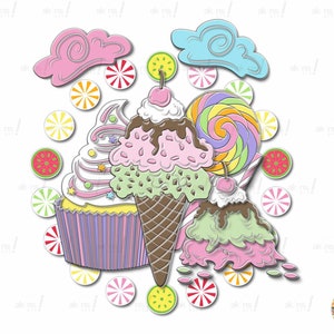 Sweet Treat Clipart Sticker PNG Ice Cream Cupcake Candy Lollipop Candyland Collage journal planner graphic food blog Free Commercial Use