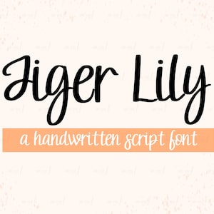 May include: A handwritten script font called "Jiger Lily" in black text on a light pink background with a white rectangle underneath that says "a handwritten script font".
