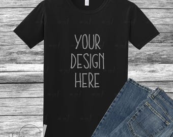 Black Shirt Mockup, Unisex Flat Lay T-Shirt Mock Up, Black Short Sleeve Crew Neck Blank Mens T-Shirt, Gildan 64000 Black mockup tshirt photo