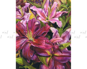 8 x 10 Giclée Fine Art Print, Lily Watercolor Painting Print, botanical flower wall art floral print home decor interior design pink Lilies