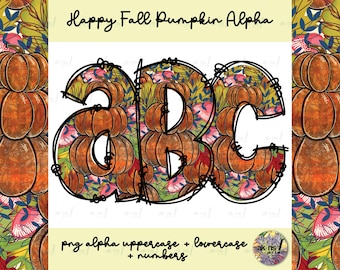 May include: A digital design featuring the letters A, B, and C, each filled with stacked pumpkins and floral patterns. The letters are outlined in black, with the text "Happy Fall Pumpkin Alpha" above. Additional text includes "png alpha uppercase + lowercase + numbers".