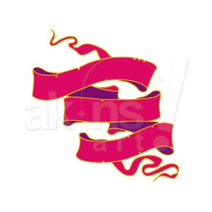 Puede incluir: Tres pancartas de cinta rosa con contornos dorados y sombras moradas. Las pancartas están enroscadas y retorcidas, creando un diseño decorativo.