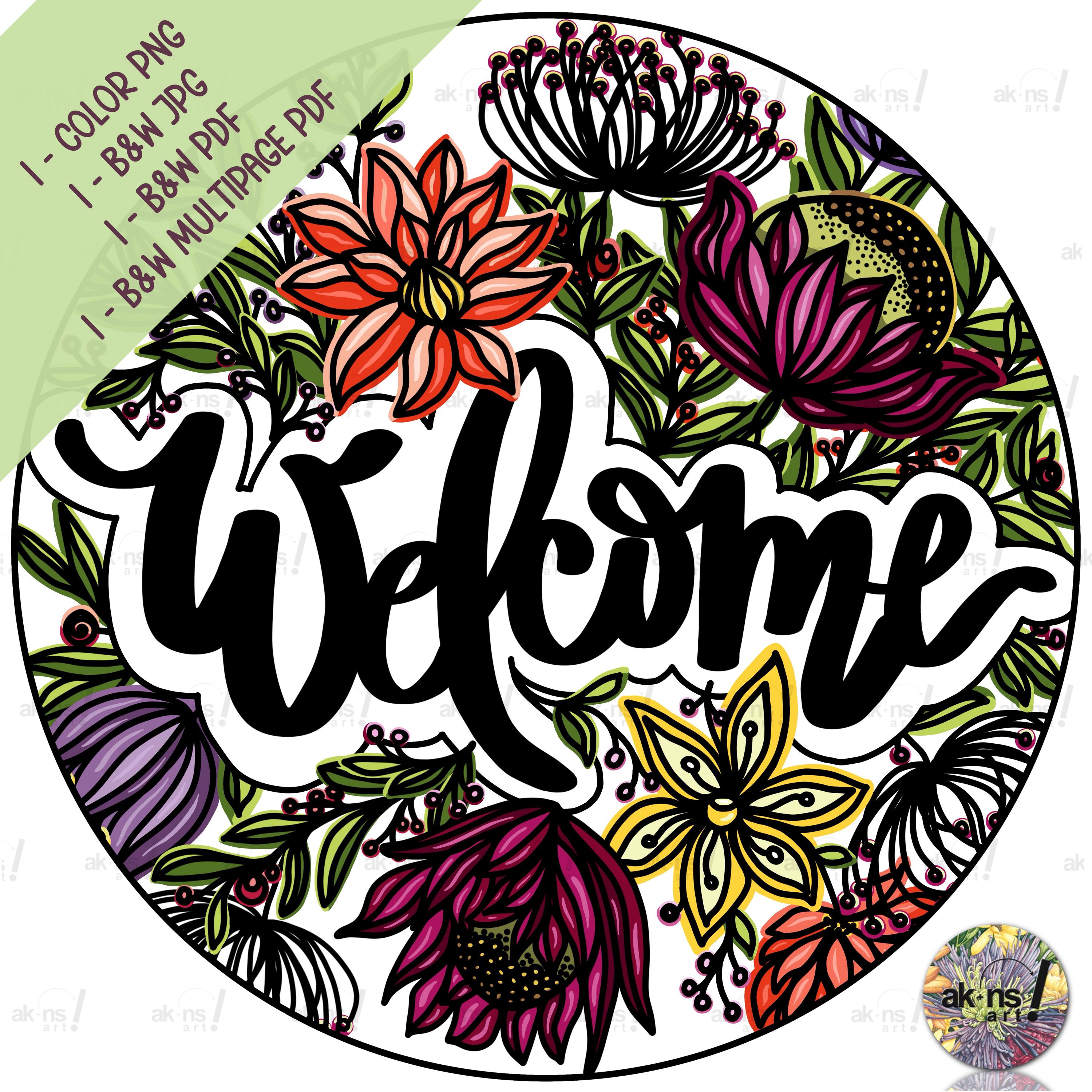 Template: Welcome Floral Round Sign Door Hanger Template Welcome Flower ...