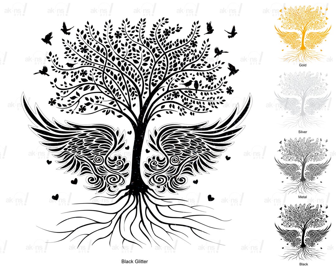 Tree Wings Clip Art, Branches, Birds, Hearts, Gold, Black Glitter