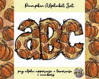 May include: The image features the letters "ABC" filled with pumpkin illustrations. The letters are outlined in black and stitched together. The background includes pumpkins and fall leaves. The text "Pumpkin Alphabet Set" is at the top.